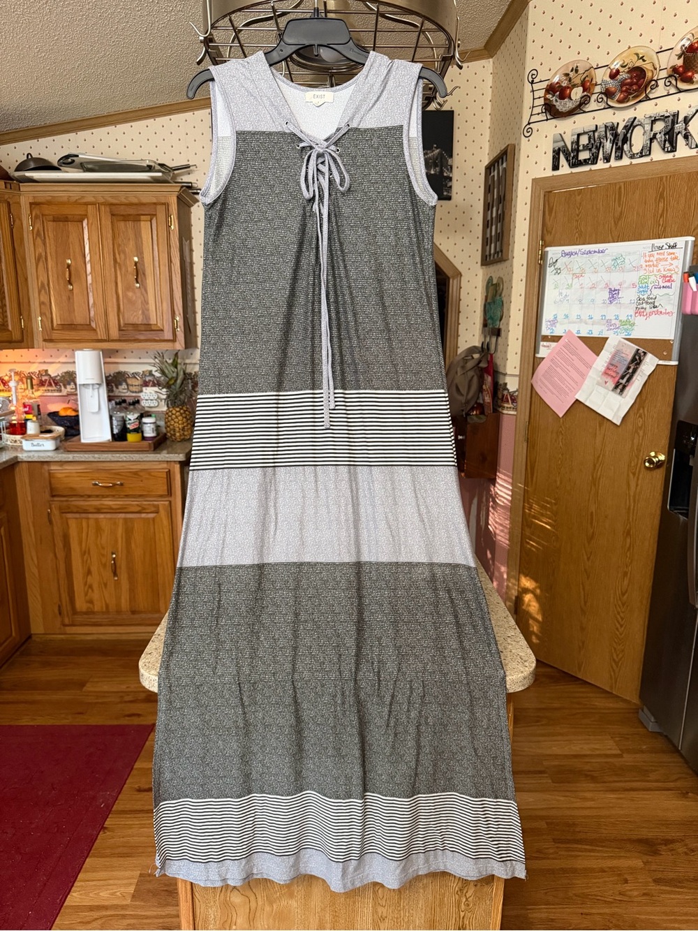 Exist Gray and White Striped Sleeveless Maxi Dress with Front Tie